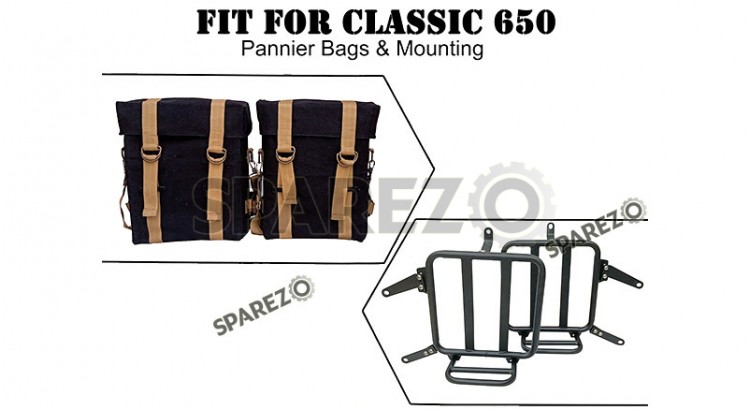 For Royal Enfield Classic 650 Military Pannier Bags Black and Golden With Mounting - SPAREZO